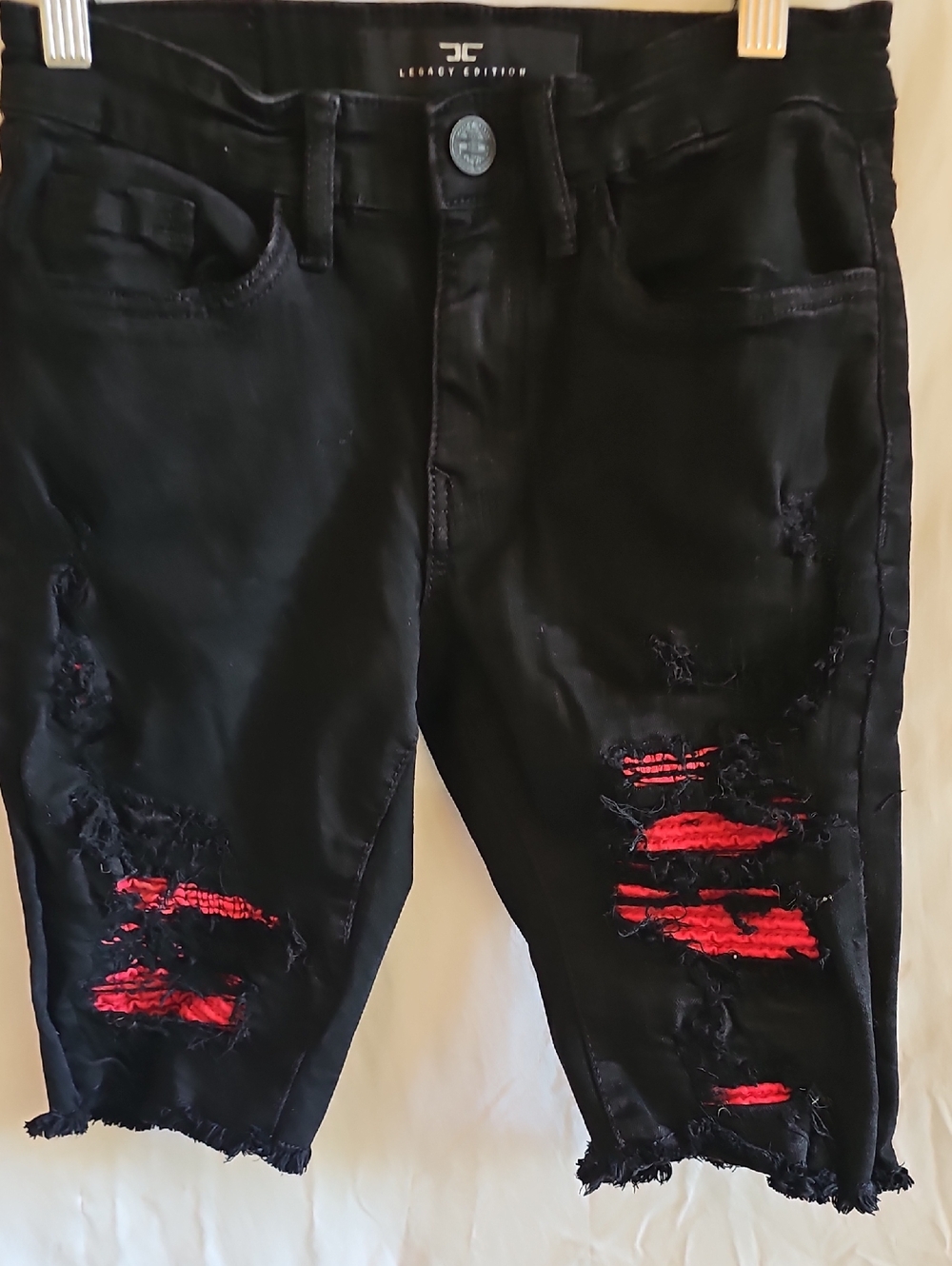 Legacy Black Distressed Kids Shorts with Red Underlay